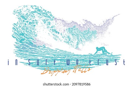 Vector illustration of surfer on wave. Art in worn style. Design for prints on t-shirts, posters, etc...