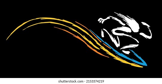 Vector illustration of surfer on wave. Stylized art in strokes simulating brushstrokes.