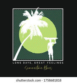 Vector illustration of surfer and palm tree with striped background. Design for T-shirt prints, banners, posters and more.