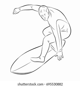 vector illustration of surfer player , black and white drawing, white background