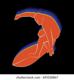 vector illustration of surfer player , color drawing, black background