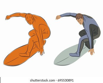 vector illustration of surfer player , color drawing, white background