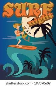Vector illustration of a surfer playing a saxophone and riding on waves