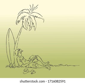 Vector illustration of surfer at rest and leisure time.