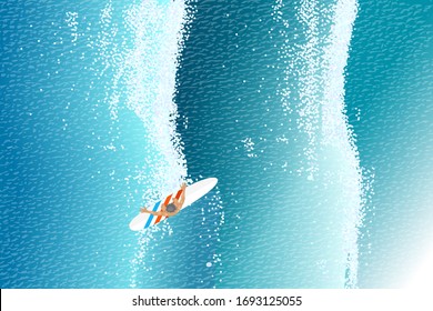  Ilustración vectorial. Surfista en las olas del océano. Vista superior.