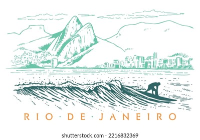 Vector illustration of surfer riding down a wave in tropical landscape. Art in stripped and simple lines.