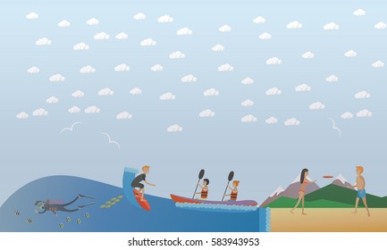 Vector illustration of surfer riding on ocean wave, diver underwater, people paddling, playing frisbee. Beach activity, extreme water sports, outdoor games concept design element in flat style.