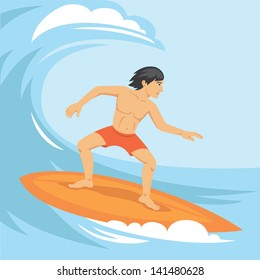 Vector illustration of surfer riding the wave