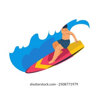 Vector illustration of a surfer riding a wave on a surfboard, showing skill and balance, depicted in a flat design style, isolated on white background.