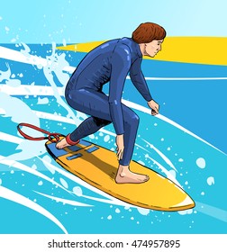 Vector illustration of a surfer riding the wave. Beautiful sport themed poster. Summer sports, vacation, joy, extreme sports, water sports.