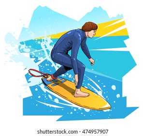 Vector illustration of a surfer riding the wave. Beautiful sport themed poster. Summer sports, vacation, joy, extreme sports, water sports.