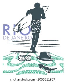 Vector illustration of surfer running into the sea in Rio de Janeiro, Brazil.