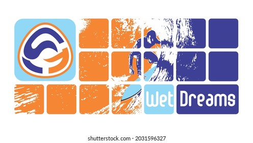 Vector illustration of surfer in rustic strokes style in composition with graphic elements and symbol with stylized wave.