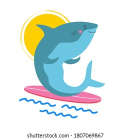 Vector illustration with surfer shark on surfboard. Trendy vacation print design, emblem template