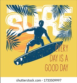 vector illustration of a surfer silhouette against the setting sun. T-shirt print