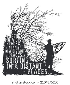 Vector illustration of surfer silhouette and dry vegetation.