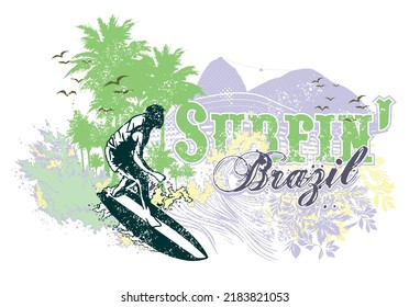 Vector illustration of surfer silhouette with flowers and mountain in the background. Art alluding to surfing in the city of Rio de Janeiro, Brazil.