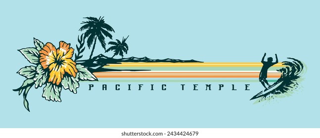 Vector illustration of surfer silhouette with hibiscus and coconut trees. Art in composition with text for prints on t-shirts, posters, etc.