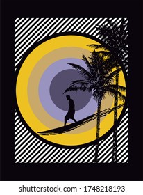 Vector illustration of surfer silhouette on geometric background.