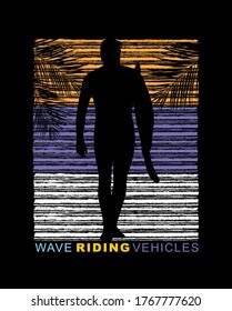 Vector illustration of surfer silhouette on striped background.