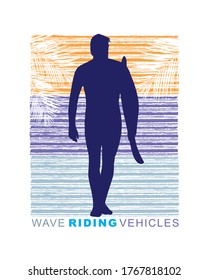 Vector illustration of surfer silhouette on striped background.