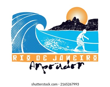 Vector illustration of surfer silhouette over seaside landscape. Surfing at Arpoador beach, Rio de Janeiro, Brazil.