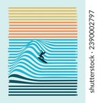 Vector illustration of a surfer silhouette riding down graphic waves, formed by distorted stripes.