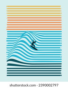 Vector illustration of a surfer silhouette riding down graphic waves, formed by distorted stripes.