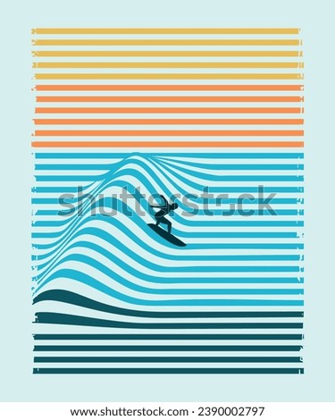 Vector illustration of a surfer silhouette riding down graphic waves, formed by distorted stripes.