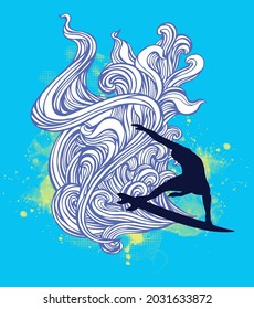 Vector illustration of surfer silhouette with stylized waves in the background.