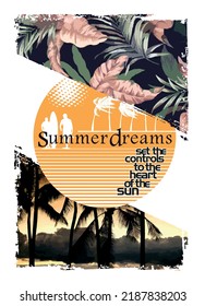 Vector illustration of a surfer silhouette with text and elements depicting summer, surfing and the coast. Art for printing on t-shirts, posters and etc...