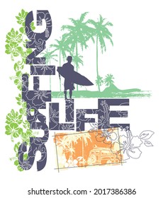 Vector illustration of surfer silhouette in tropical landscape with sport related text.