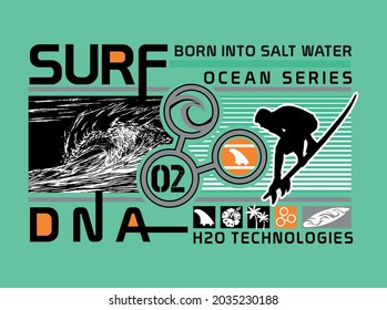 Vector illustration of surfer silhouette with wave and surfing related graphics. Art for prints on t-shirts, posters, etc...