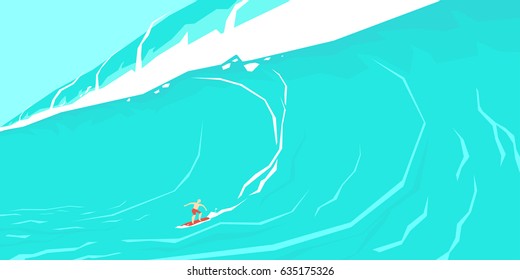 Vector illustration of a surfer sliding on a big wave. A poster in a colorful cartoon style