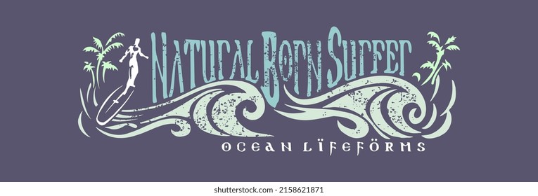 Vector illustration of surfer and stylized waves, art with surfing related text.