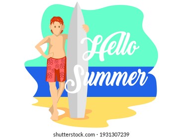 vector illustration of a surfer with a SUP board on the beach. The young man with the paddleboard stands during the day. Extreme sports concept. Male surfer lifestyle.