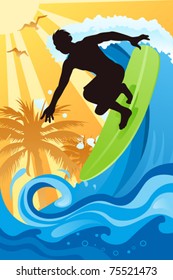 A vector illustration of a surfer surfing in the ocean