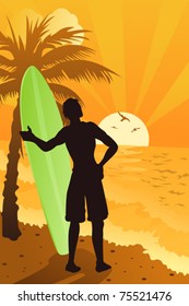 A vector illustration of a surfer surfing in the ocean