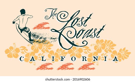 Vector illustration of surfer with text and tropical flowers.
