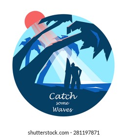 Vector Illustration with Surfer Waiting Waves. Catch Some Waves. Design Illustration Concepts with Style Typographic.Summer Design. Flat Elements. Concepts Web Banner and Printed Materials. 