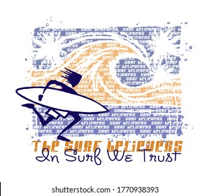 Vector illustration of surfer, waves and palm trees, formed by irregular lines, with background with text related to surfing.