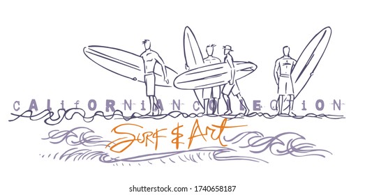 Vector illustration of surfers in cartoon style.