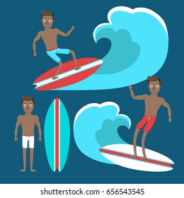 Vector illustration of the surfers. Cute cartoon characters riding the wave in the ocean on surfboard.