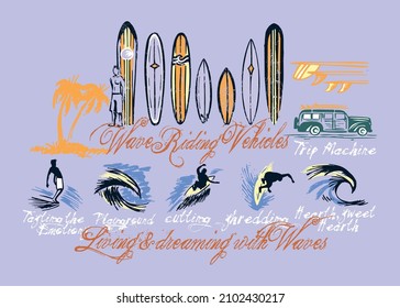 Vector illustration of surfers, old boards and surfing related elements. Art for prints on t-shirts, posters, etc...