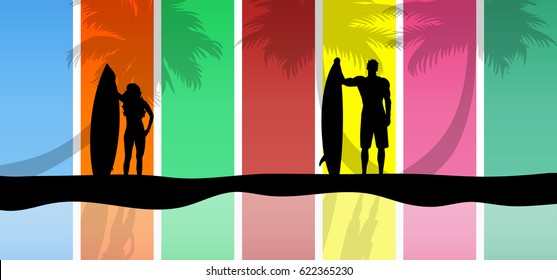 vector illustration of surfers on colored background