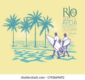 Vector illustration of surfers in Rio de Janeiro.