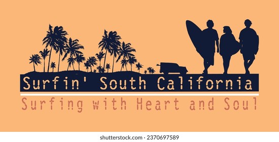 Vector illustration of surfers silhouette in coastal landscape. Art with palm trees and car in the background. Design for prints on t-shirts, decoration, etc.