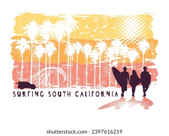 Vector illustration of surfers silhouette in composition with colorful background and text related to the sport.
​