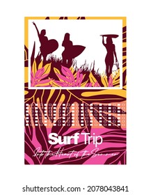 Vector illustration of surfers silhouette with frame with leaves pattern and geometric elements. Art for prints on t-shirts, posters, etc...