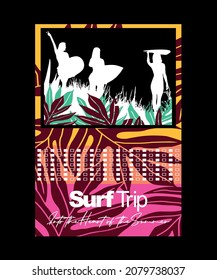 Vector illustration of surfers silhouette in frame with tropical and geometric motifs. Art for prints on t-shirts, posters, etc...